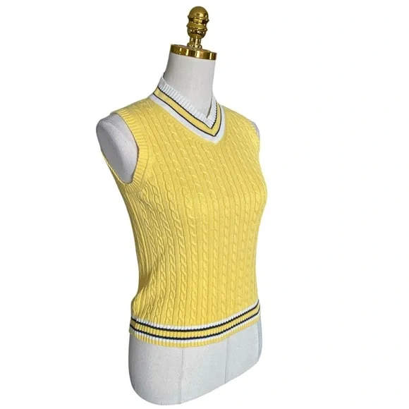 Brooks Brothers Women’s Yellow Cable Knit Tennis V-Neck Vest Sweater Cotton Sz M - Picture 5 of 9